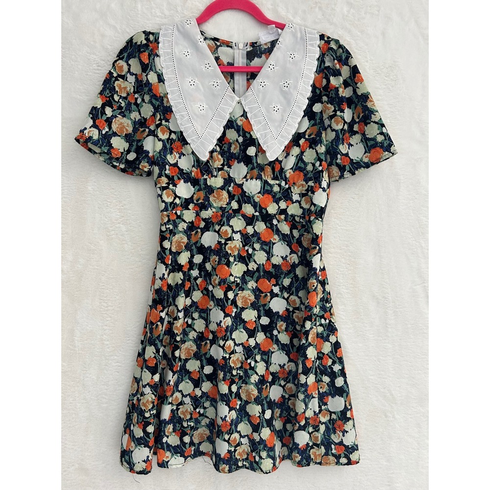 Love + Harmony Floral Mini Dress Womens Small White Eyelet Collar Short Sleeve